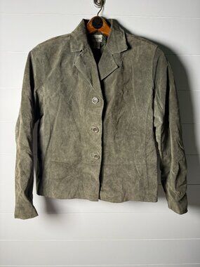 Chico's Vintage 100% Leather/Suede Olive Green Rough Edge 3 Button Jacket Sz 1